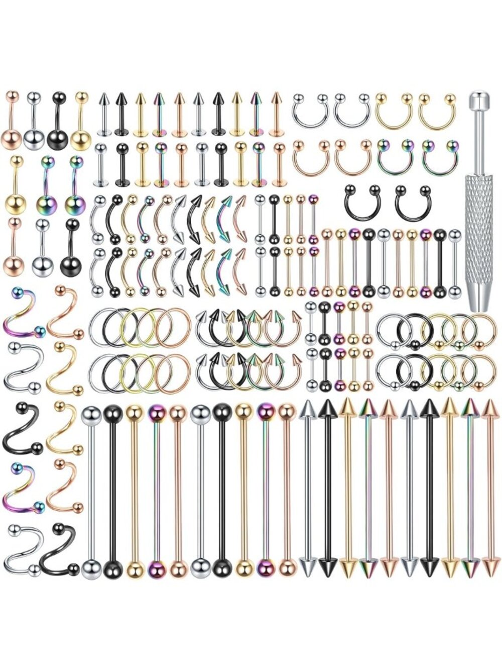 150+ Body Piercing Jewelry Set - Stainless Steel Nose, Lip, Tongue, Belly Rings